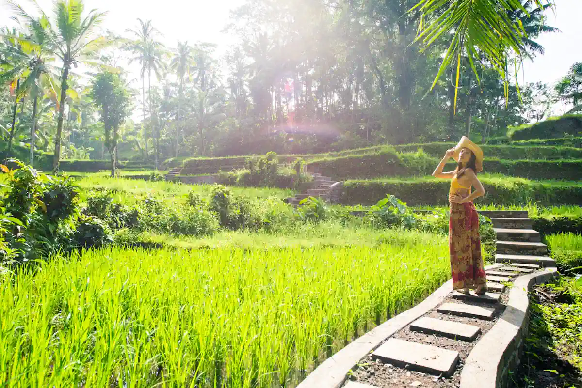 Une femme qui prend la pose pour une photo au milieu des rizières de Bali