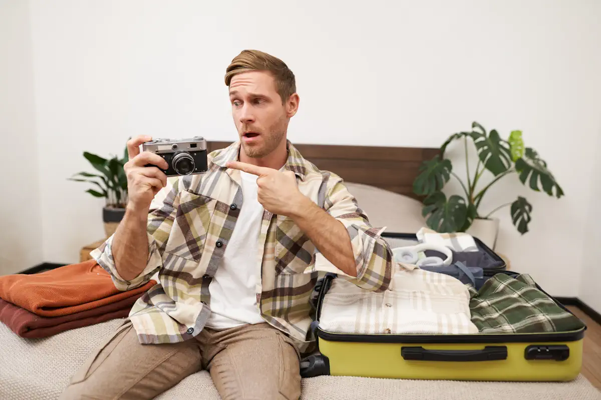 Un homme qui montre un appareil photo qu'il tient dans son autre main près d'une valise